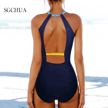 Solid One Piece Swimsuit Swimwear High Waist Neck Bodysuit Bathing Suit Women Backless Starpless Piece Swimwear 